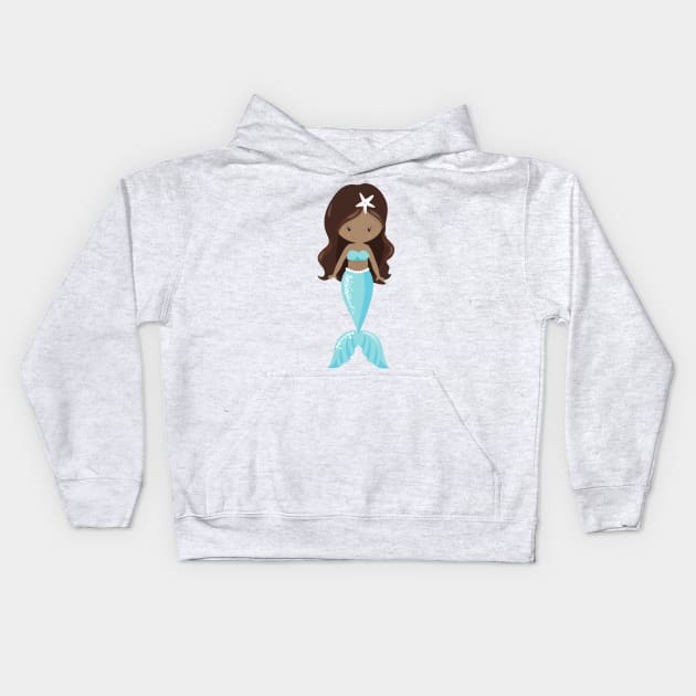 African American Mermaid, Cute Mermaid, Blue Tail Kids Hoodie by Jelena Dunčević